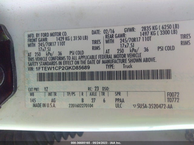 Ford F-150 Xl/lariat/xlt 2016 1FTEW1CP2GKD85689 Image 9