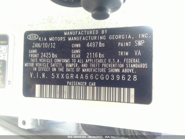 2012 KIA OPTIMA SX VIN: 5XXGR4A66CG039628