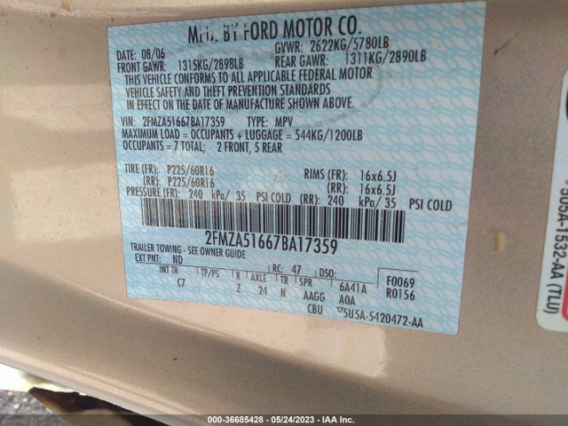 2007 FORD FREESTAR WAGON SE VIN: 2FMZA51667BA17359