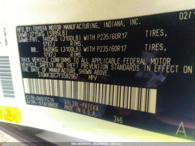 5TDKK3DC7FS582967 Toyota SIENNA LE