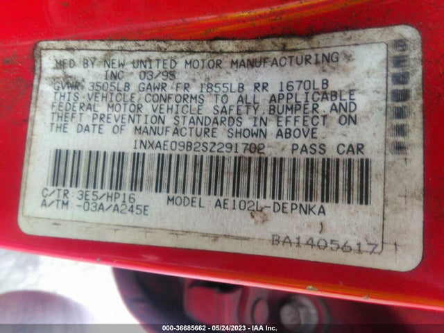 1995 TOYOTA COROLLA LE/DX VIN: 1NXAE09B2SZ291702
