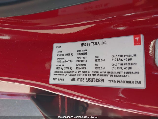 Tesla Model 3 Range Battery 2018 5YJ3E1EA5JF043239 Image 10