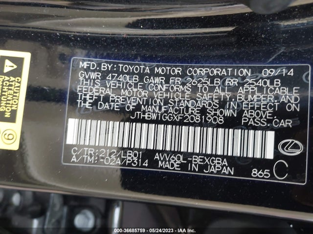 JTHBW1GGXF2081908 Lexus Es 300h Hybrid
