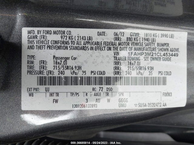 2012 FORD FOCUS SEL VIN: 1FAHP3M21CL453449