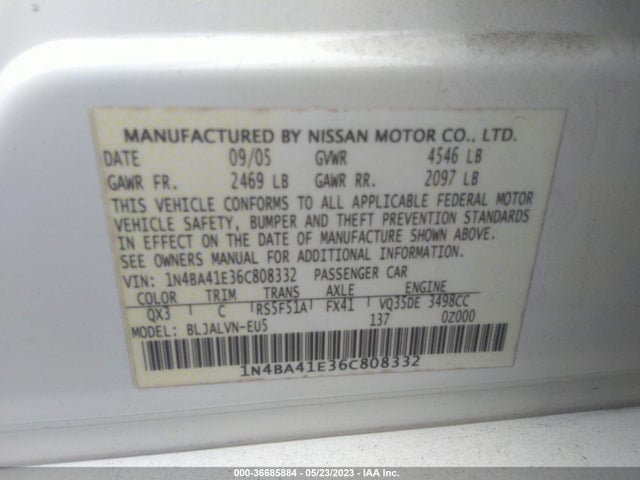 2006 NISSAN MAXIMA 3.5 SE VIN: 1N4BA41E36C808332