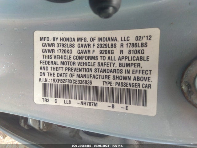 2012 HONDA CIVIC SDN EX VIN: 19XFB2F8XCE336036