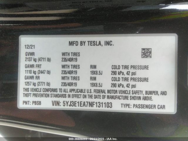 5YJ3E1EA7NF131103 Tesla MODEL 3