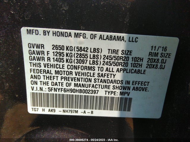 Honda Pilot Touring 2017 5FNYF6H90HB002397 Image 9