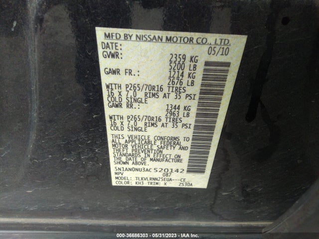 2010 NISSAN XTERRA S VIN: 5N1AN0NU3AC520142