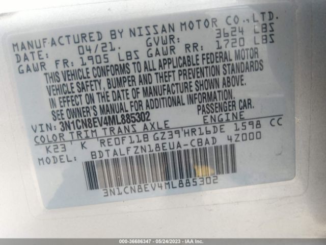 3N1CN8EV4ML885302 Nissan VERSA SV