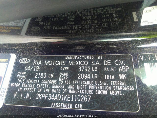 3KPF34AD1KE110267 KIA FORTE S