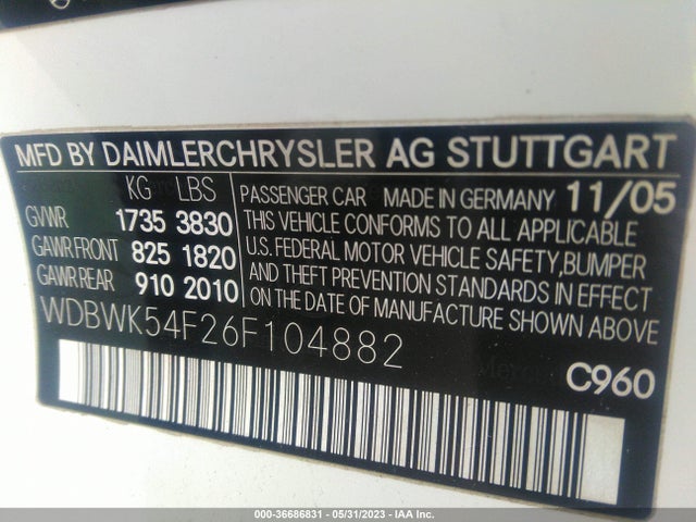 2006 MERCEDES-BENZ SLK-CLASS 3.0L VIN: WDBWK54F26F104882