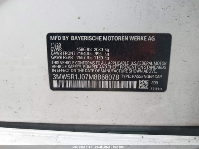 3MW5R1J07M8B68078 BMW 3 Series 330i