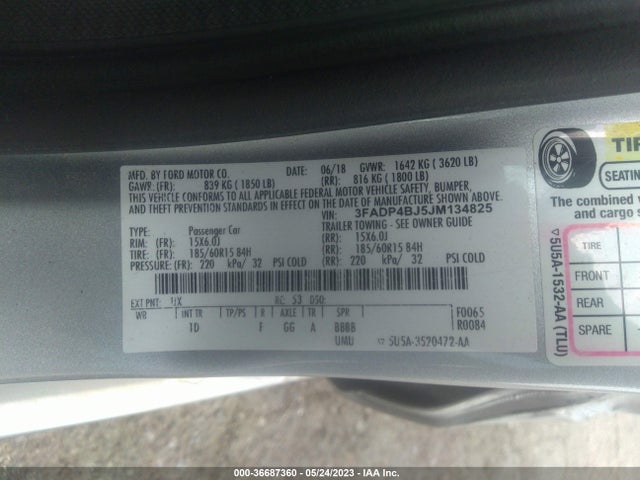 2018 FORD FIESTA SE VIN: 3FADP4BJ5JM134825