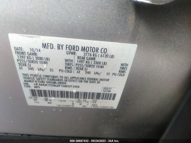 2015 FORD EXPLORER XLT VIN: 1FM5K7D82FGB07359