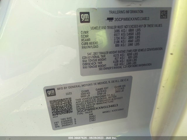 2022 Chevrolet Silverado 1500, VIN: 3GCPWBEKXNG134813