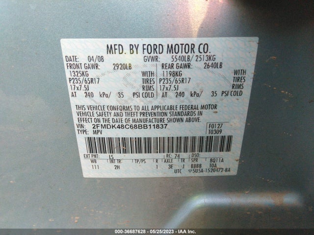 2008 FORD EDGE SEL VIN: 2FMDK48C68BB11837