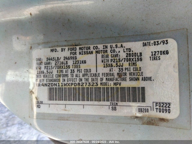 1993 NISSAN QUEST GXE/XE VIN: 4N2DN11WXPD827323