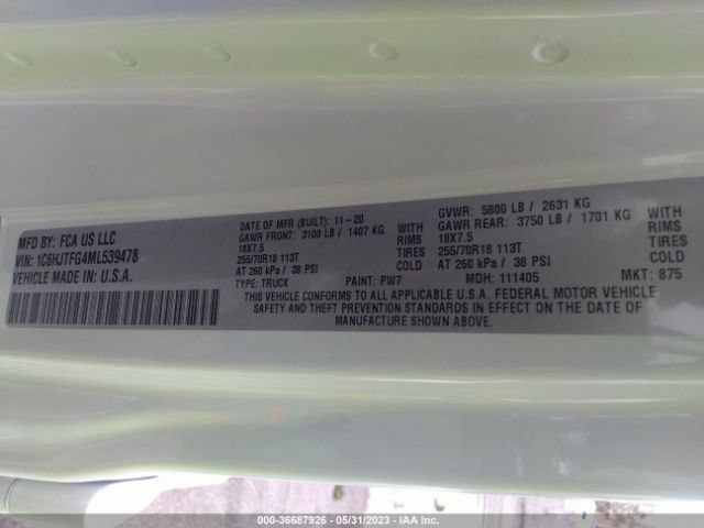 1C6HJTFG4ML539478 Jeep Gladiator Overland