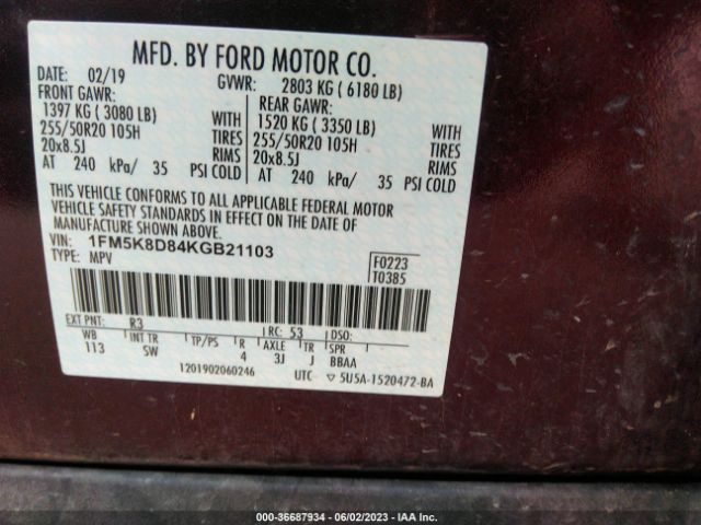 1FM5K8D84KGB21103 Ford EXPLORER XLT
