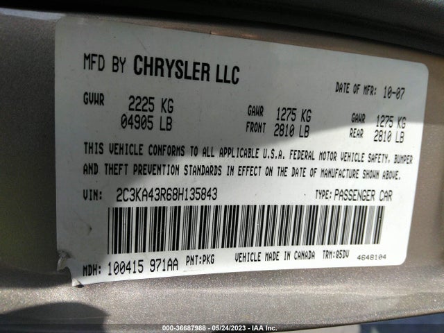 2008 CHRYSLER 300 LX VIN: 2C3KA43R68H135843