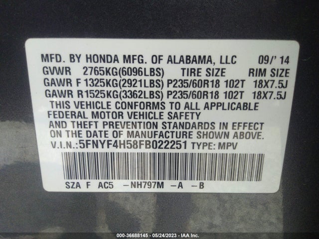 Honda Pilot Ex-l 2015 5FNYF4H58FB022251 Image 9