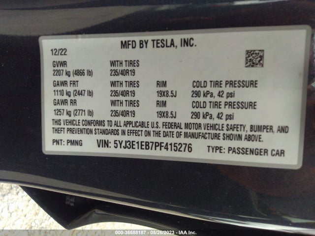 5YJ3E1EB7PF415276 Tesla Model 3 Long Range