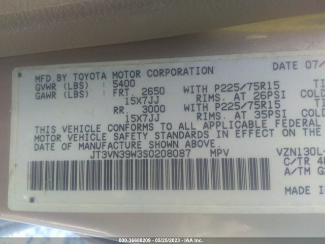 1995 TOYOTA 4RUNNER VN39 SR5 VIN: JT3VN39W3S0208087