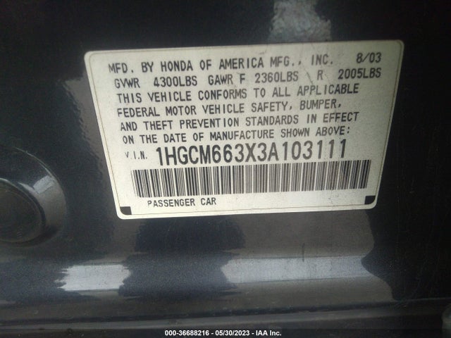 2003 HONDA ACCORD SDN LX VIN: 1HGCM663X3A103111