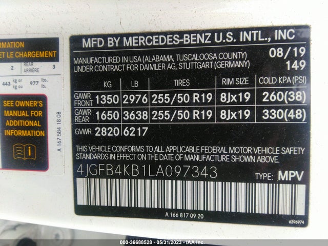 2020 MERCEDES-BENZ GLE GLE 350 VIN: 4JGFB4KB1LA097343