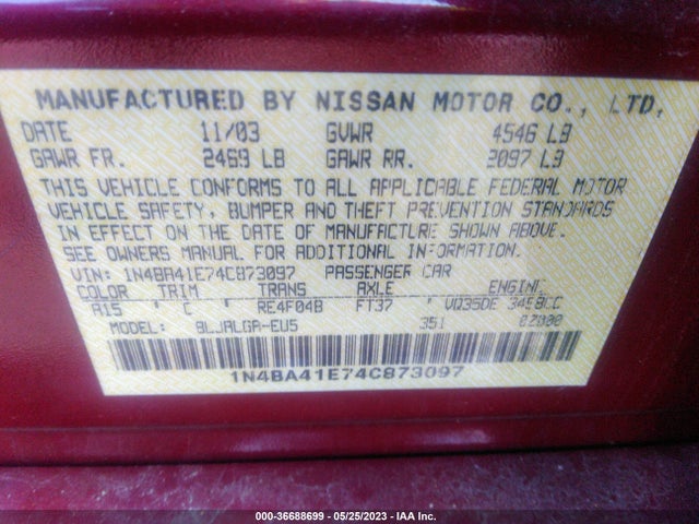 2004 NISSAN MAXIMA SL VIN: 1N4BA41E74C873097