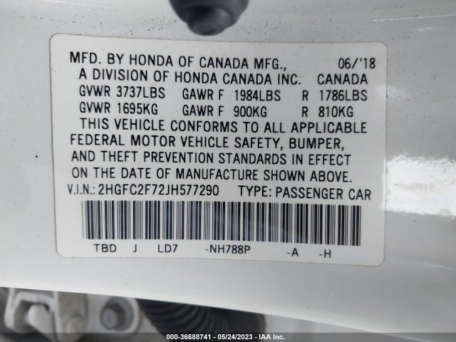 2018 HONDA CIVIC SEDAN EX VIN: 2HGFC2F72JH577290