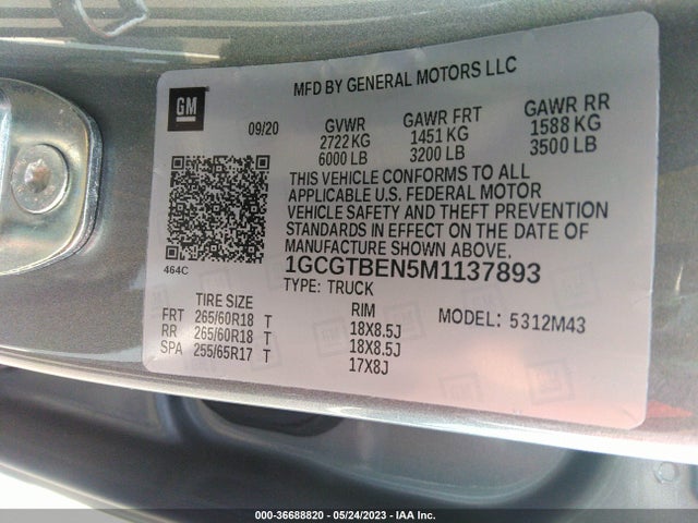 2021 CHEVROLET COLORADO 4WD WORK TRUCK VIN: 1GCGTBEN5M1137893