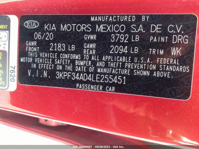 3KPF34AD4LE255451 KIA Forte Gt-line