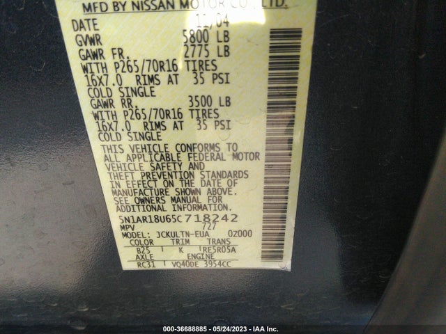 2005 NISSAN PATHFINDER SE VIN: 5N1AR18U65C718242