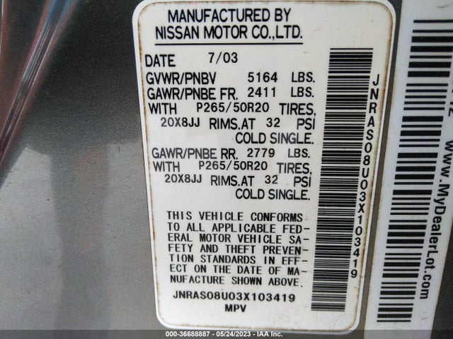 2003 INFINITI FX35 W/OPTIONS VIN: JNRAS08U03X103419