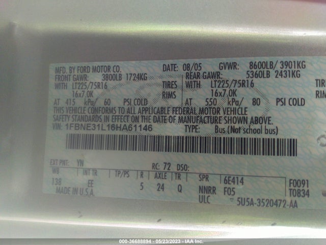 2006 FORD ECONOLINE WAGON XL/XLT/CHATEAU VIN: 1FBNE31L16HA61146