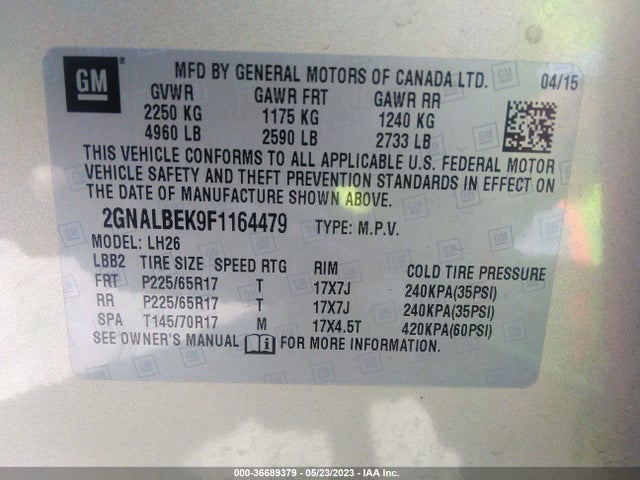 Chevrolet EQUINOX 1LT 2015 2GNALBEK9F1164479 Image 9