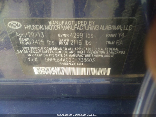 2013 HYUNDAI SONATA GLS PZEV VIN: 5NPEB4AC2DH738603