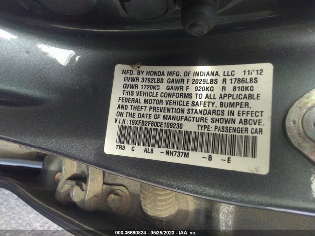 2012 HONDA CIVIC SDN EX VIN: 19XFB2F80CE109230