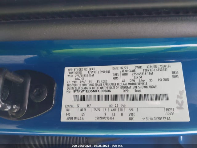 2021 Ford F-150, VIN: 1FTFW1ED5MFC00806