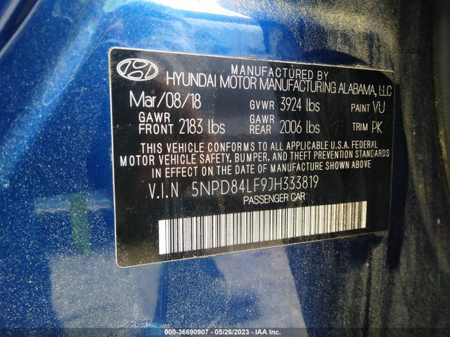 2018 HYUNDAI ELANTRA SEL VIN: 5NPD84LF9JH333819