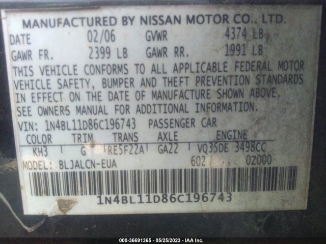 2006 NISSAN ALTIMA 3.5 SE VIN: 1N4BL11D86C196743