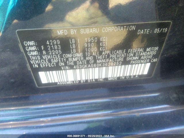 2019 SUBARU IMPREZA LIMITED VIN: 4S3GKAS60K3620252