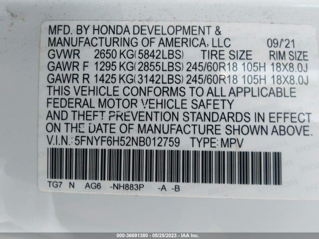 2022 HONDA PILOT EX-L VIN: 5FNYF6H52NB012759