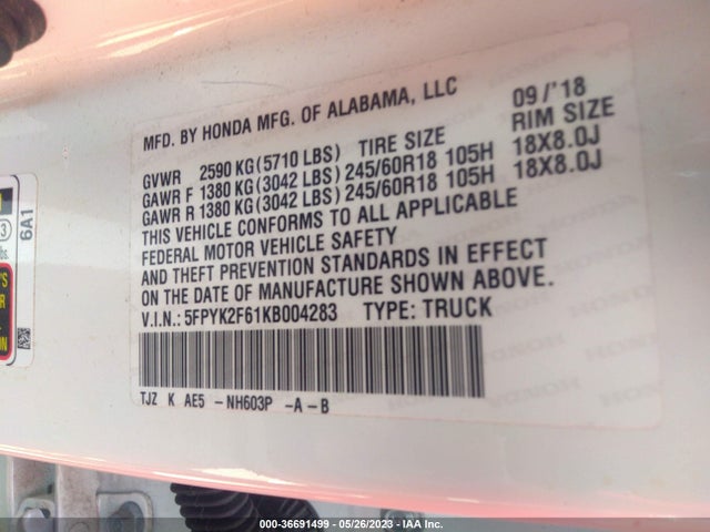 Honda Ridgeline Rtl-t 2019 5FPYK2F61KB004283 Image 9