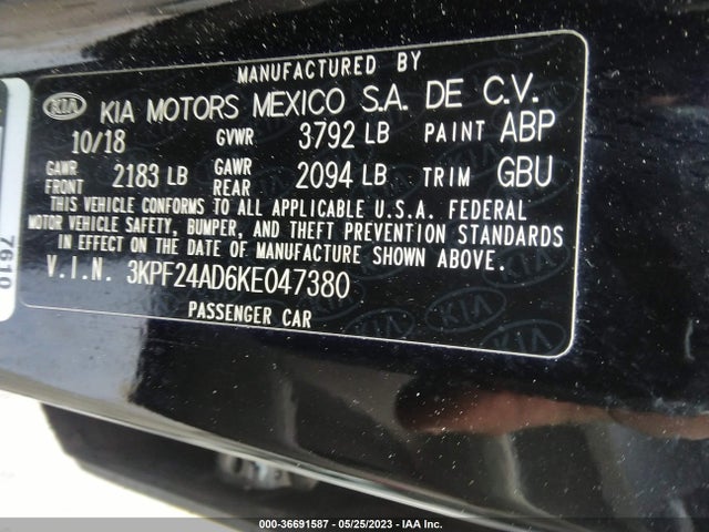 2019 KIA FORTE LXS VIN: 3KPF24AD6KE047380