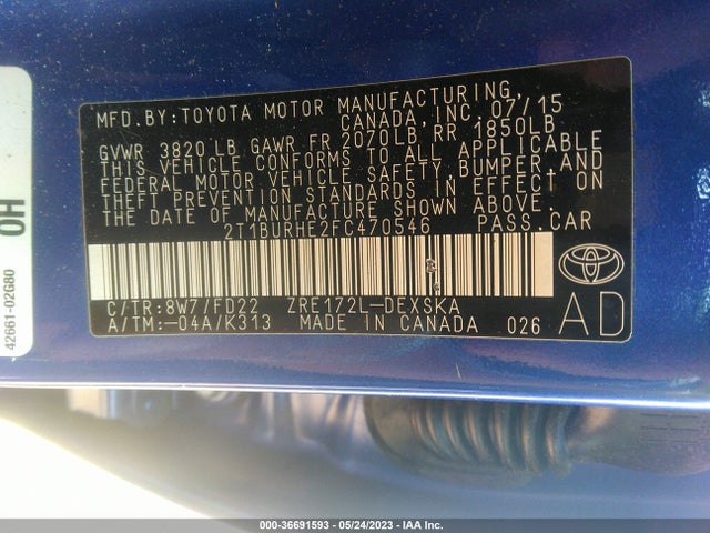 2015 TOYOTA COROLLA S VIN: 2T1BURHE2FC470546