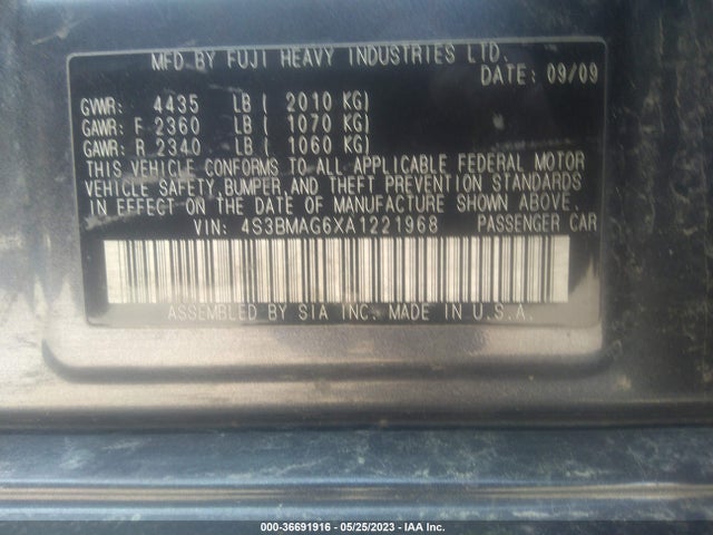 2010 SUBARU LEGACY PREM ALL-WTHR/MOON VIN: 4S3BMAG6XA1221968