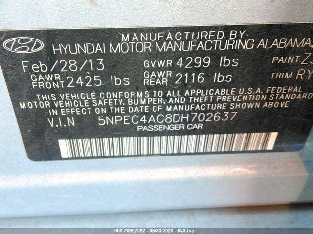 2013 HYUNDAI SONATA SE VIN: 5NPEC4AC8DH702637
